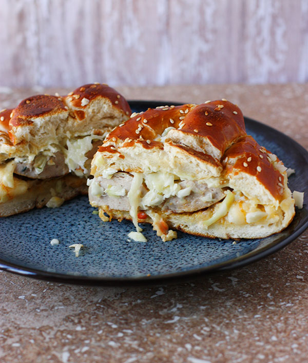 Bratwurst Grilled Cheese on Pretzel Rolls