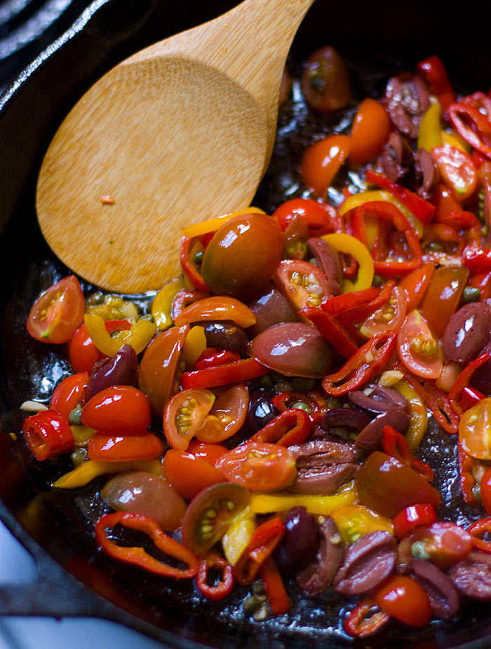 Seared Peppers with Olives and Halloumi